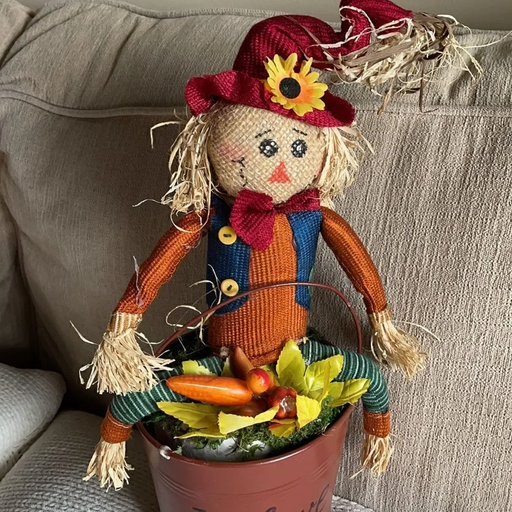 “I Love Autumn” Halloween Decor Scarecrow in a Bucket